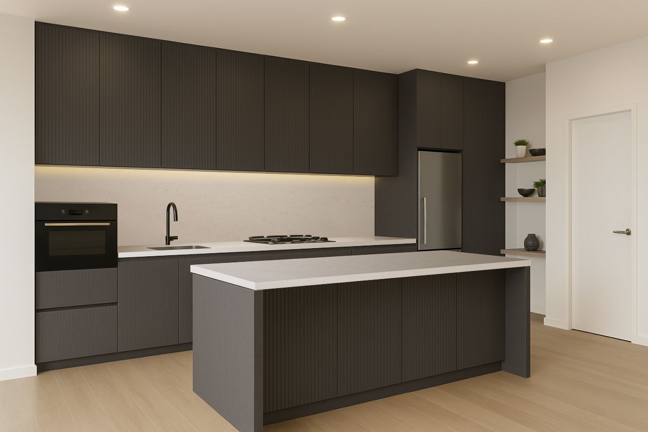 A Kitchen With Black Cabinets and a Large Island in the Middle — Better Stone in Caloundra West, QLD