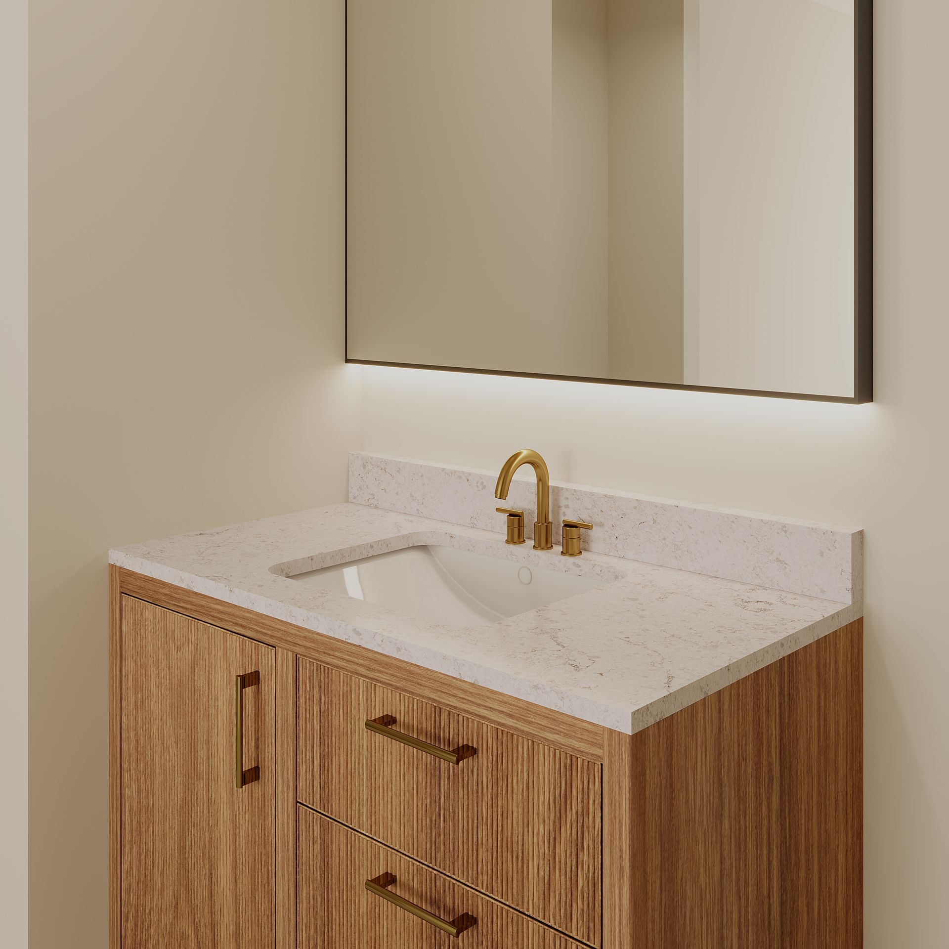Bathroom vanity with a wood cabinet, white countertop, gold faucet, and a large mirror.