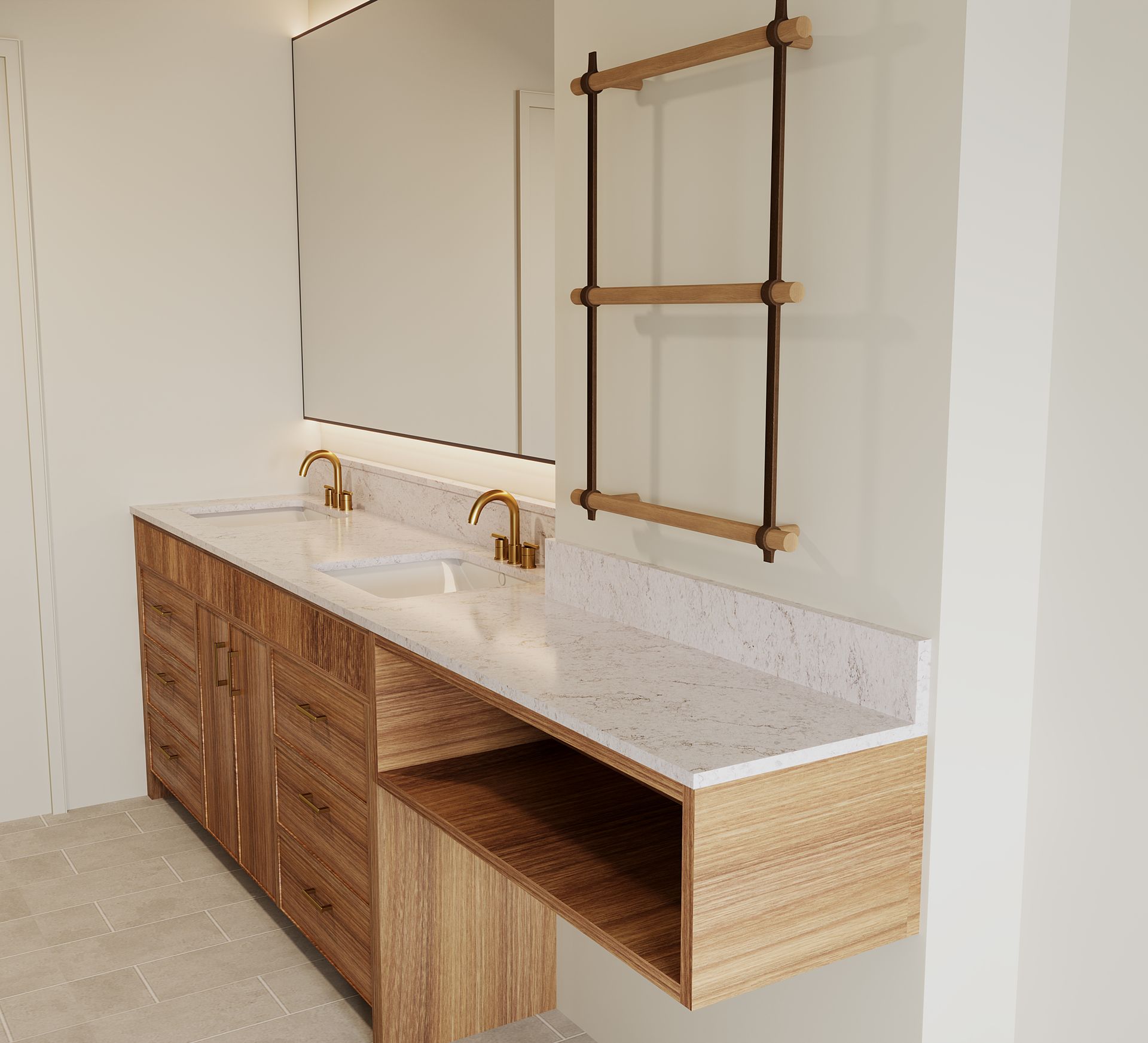 Bathroom with wood vanity, marble countertop, gold faucets, mirror, and shelves.