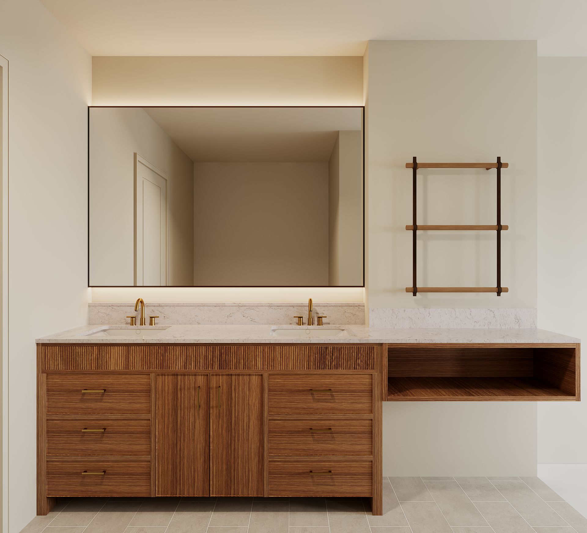 Bathroom vanity with a large mirror, two sinks, and wooden cabinet, with a floating shelf.