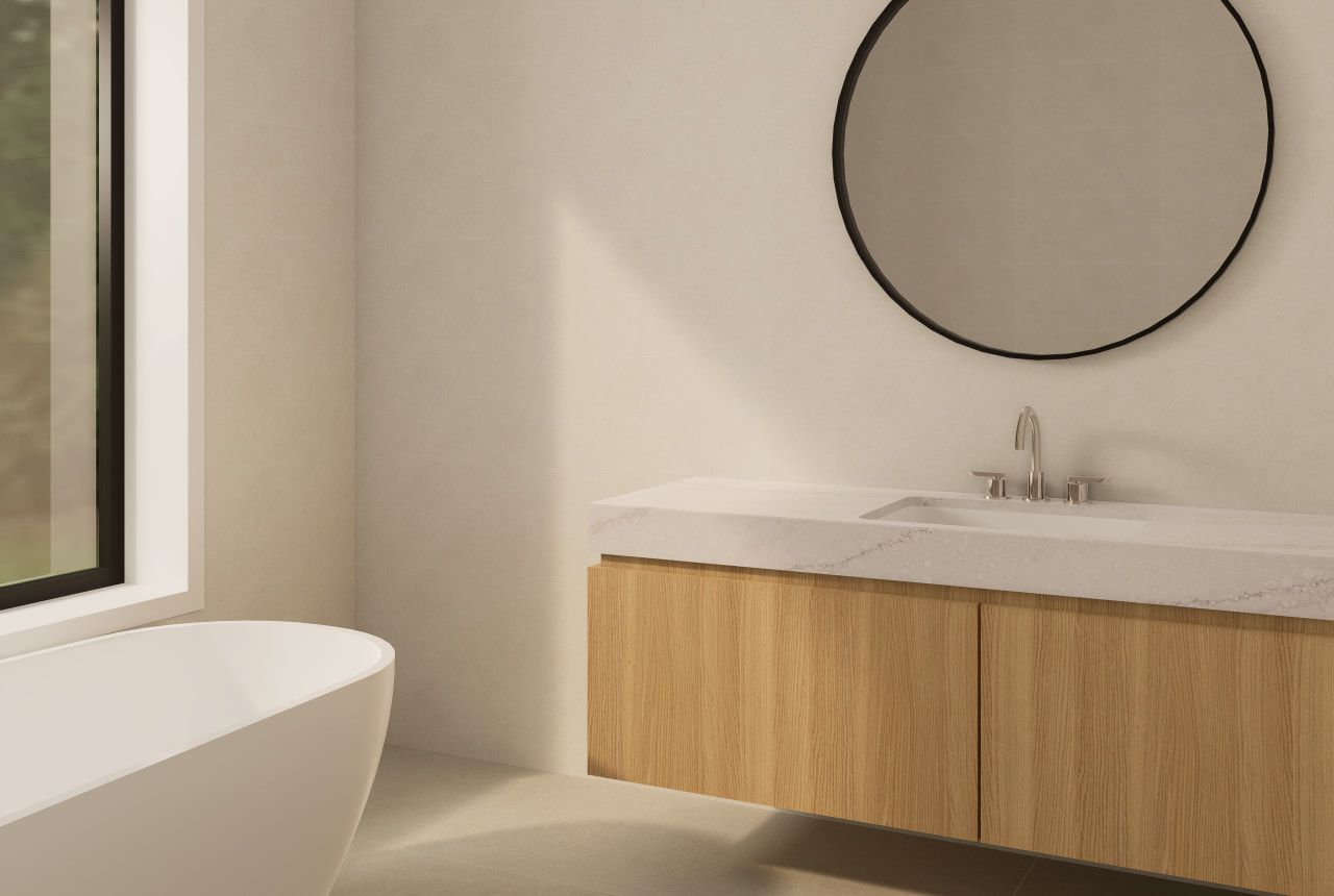 A Bathroom With a Tub, Sink, Mirror and Window — Better Stone in Caloundra West, QLD