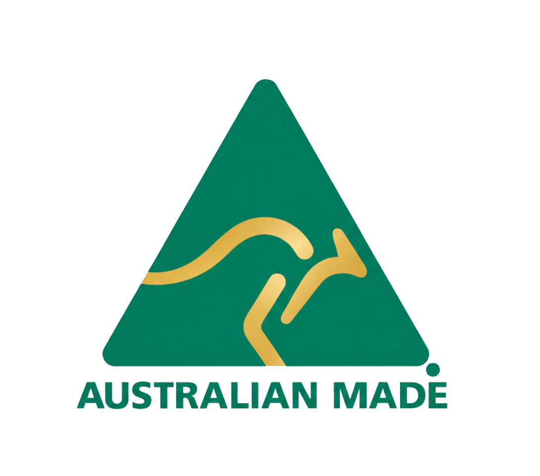 Green triangle with a gold kangaroo silhouette; 