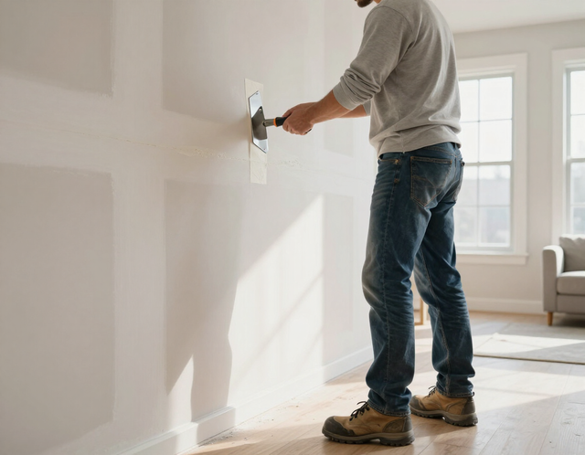 Person painting a white wall in a bright room with a roller brush