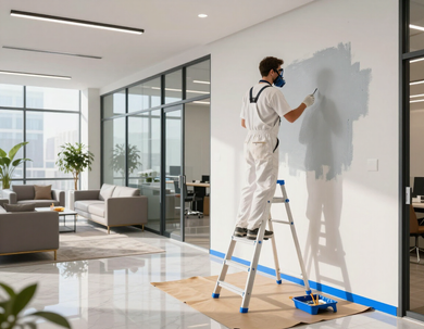 Painter on a ladder painting a white office wall in a modern glass-walled lobby