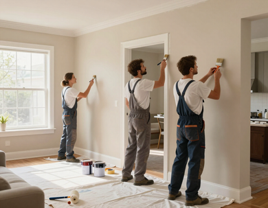 Three painters in white overalls painting beige walls in a bright room with a window.