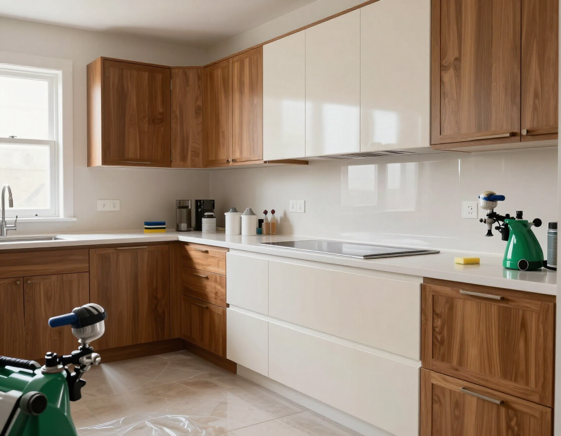 Modern kitchen with white and wood cabinets, countertop appliances, and a green vacuum in the foreground
