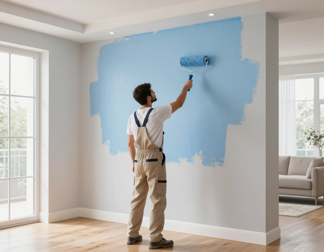 Person painting a wall light blue in a bright, empty room