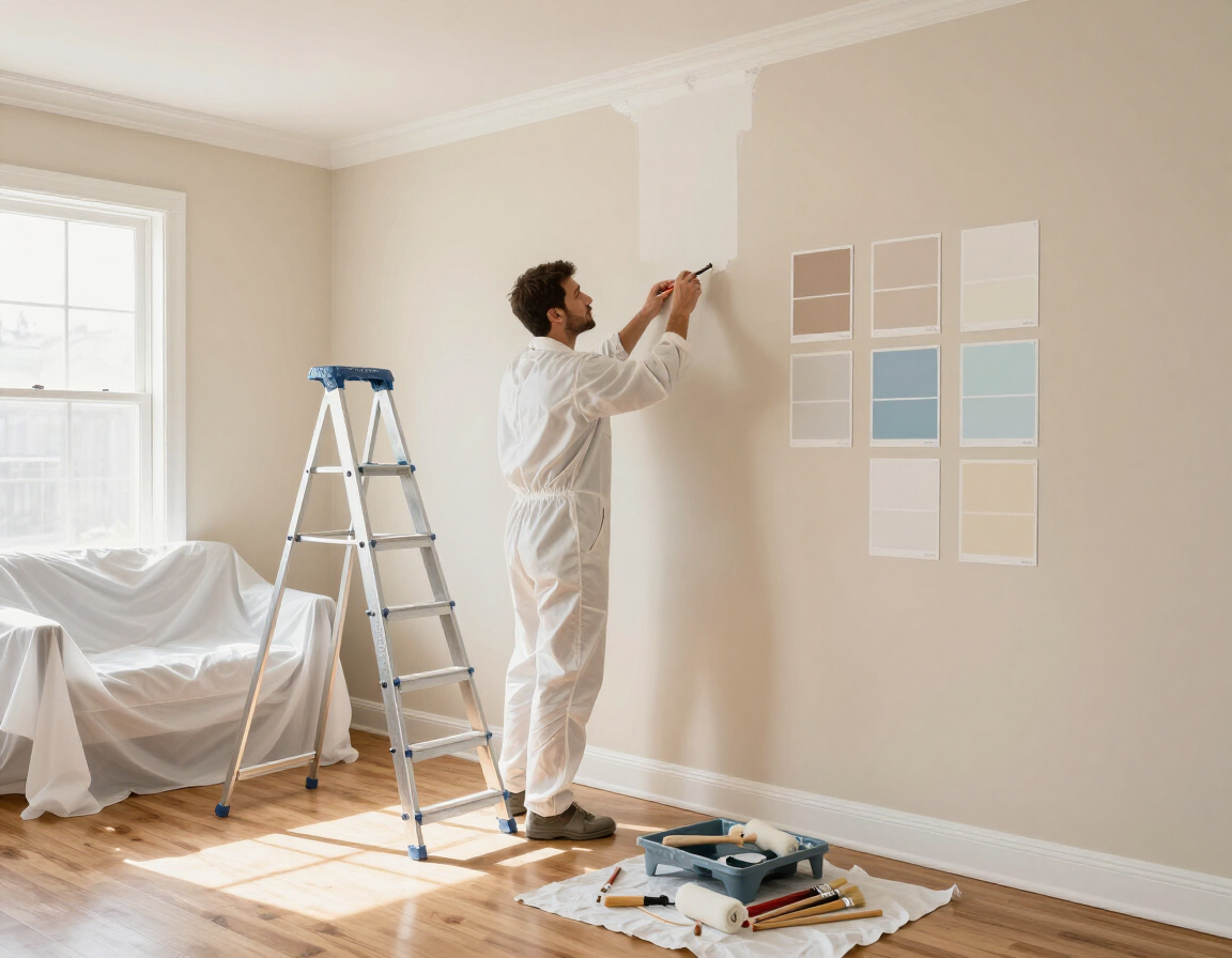 Person painting a beige wall in a room with a ladder, covered furniture, and paint supplies on the floor