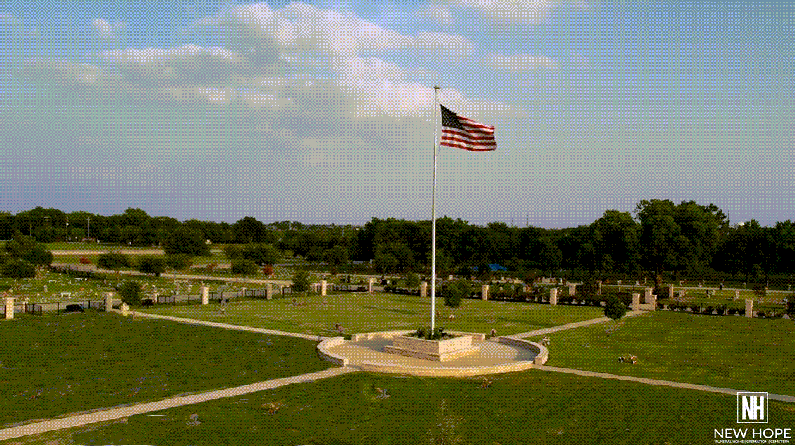 An aerial shot of New Hope Mmeorial Gardens with an American flag