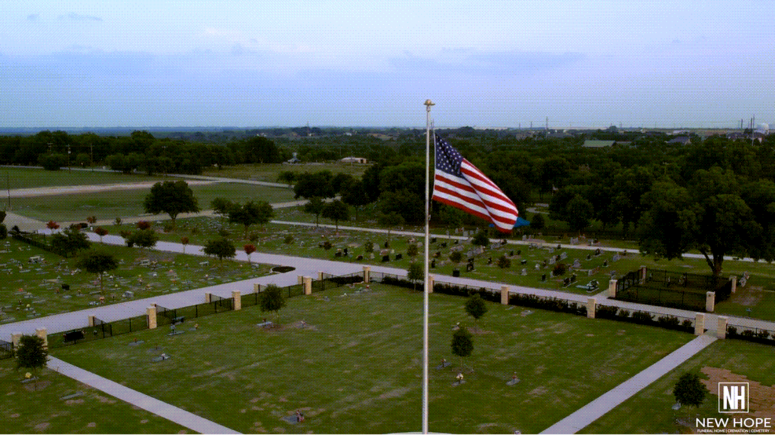 An aerial shot of New Hope Mmeorial Gardens with an American flag
