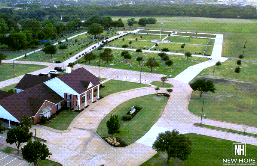 An aerial shot of New Hope Memorial Gardens with the building in view