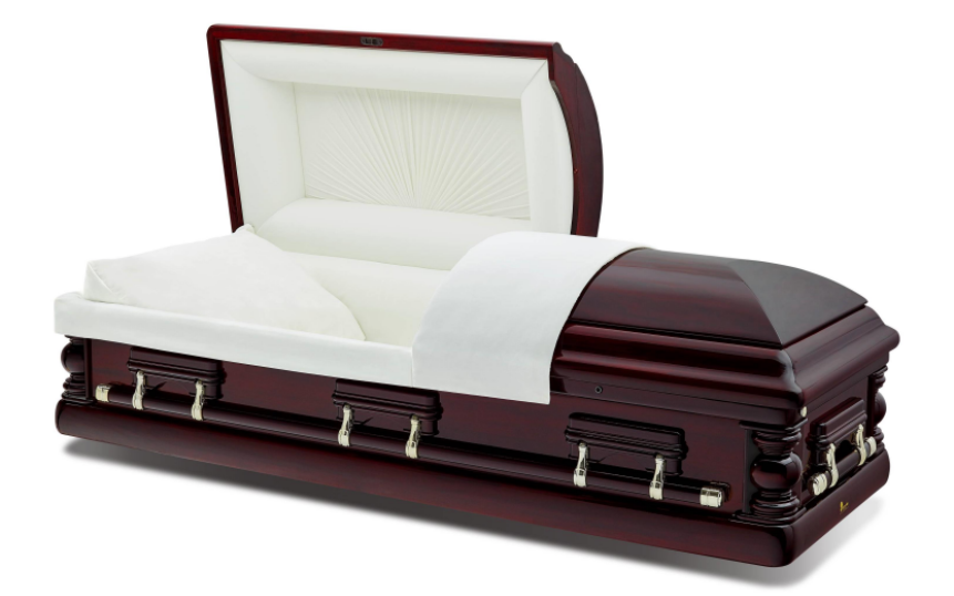 A dark brown, wood casket option at New Hope Funeral Home