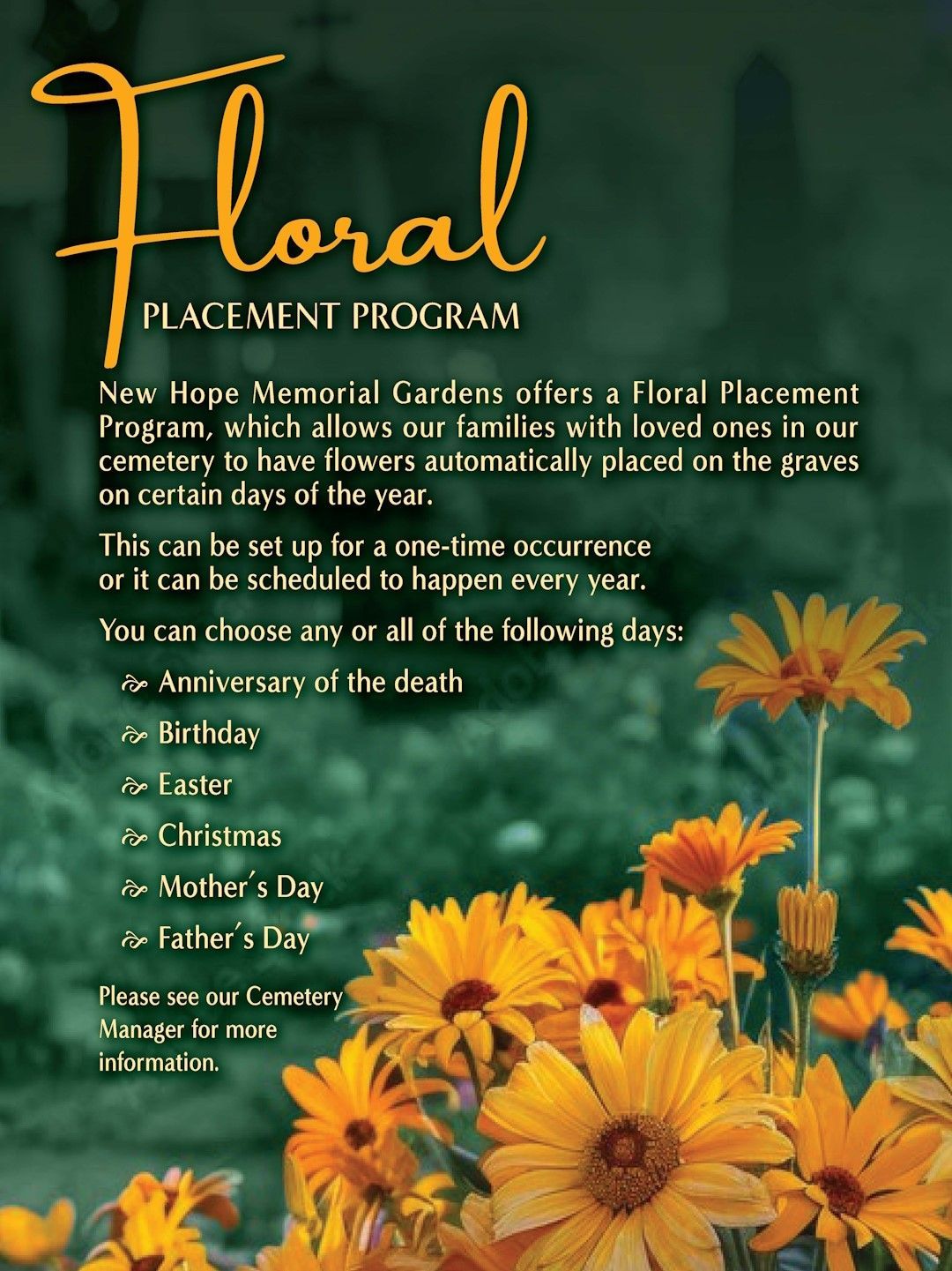 Floral placement Program flyer at New Hope Funeral Home