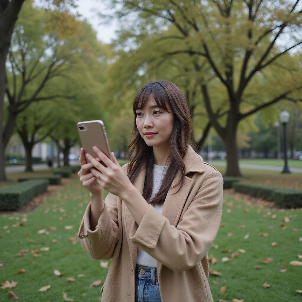 Woman in a tan coat using a smartphone in a leafy park with trees and grass.