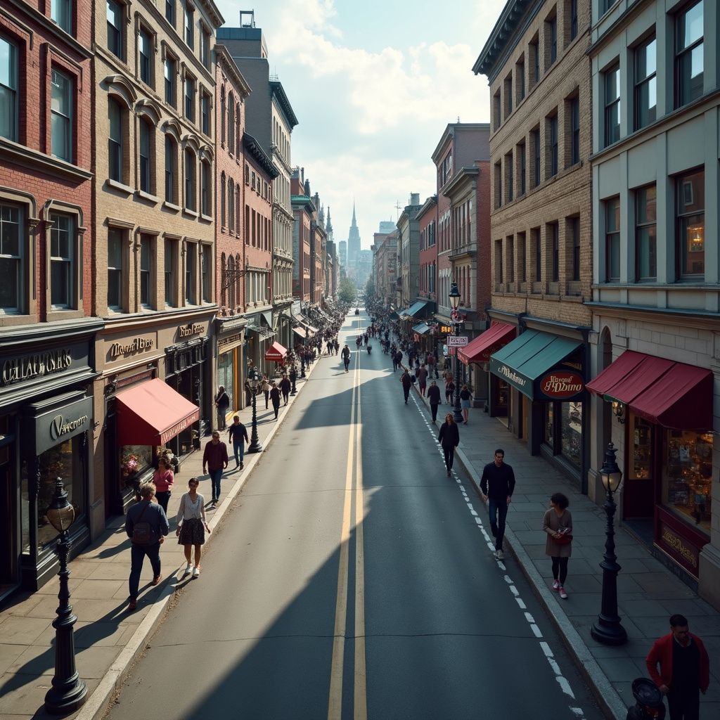 Downtown street lined with shops and pedestrians, viewed from above on a sunny day.