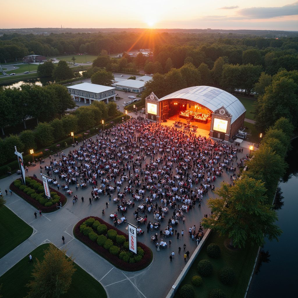 Outdoor concert at sunset with a large crowd gathered before a lit stage in a park
