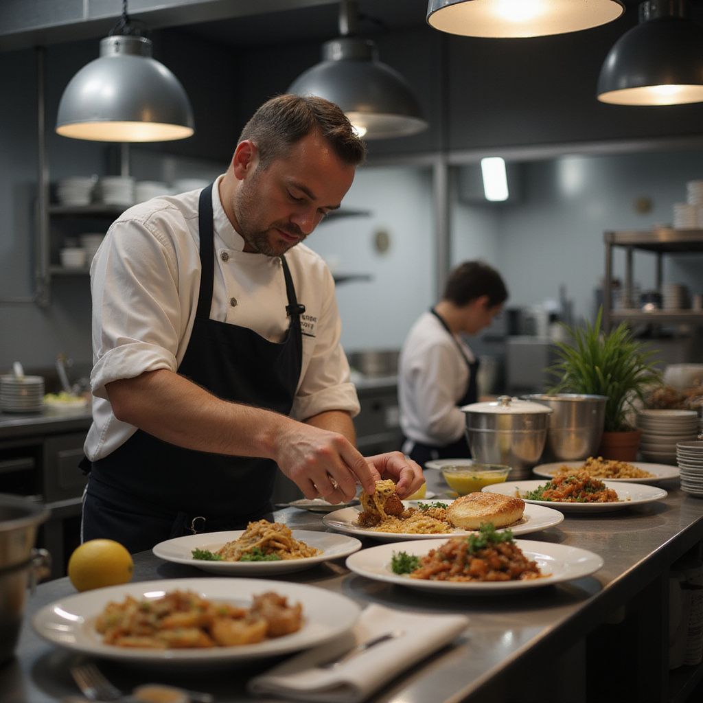 Chef plating dishes in a professional kitchen with warm overhead lights