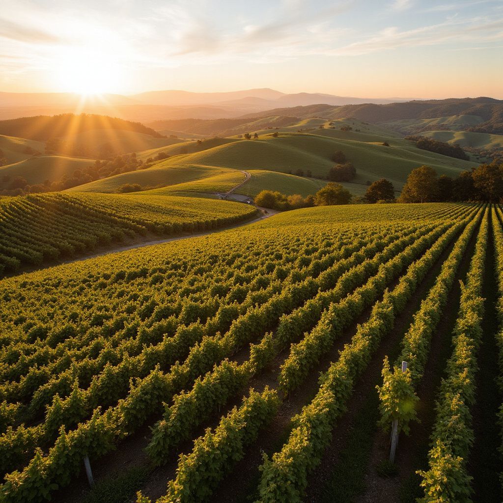 Sunlit vineyard rows rolling across green hills at sunset with distant mountains