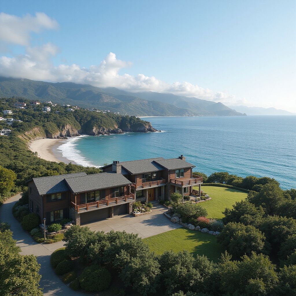Luxury coastal villa overlooking a crescent beach and blue ocean under a clear sky