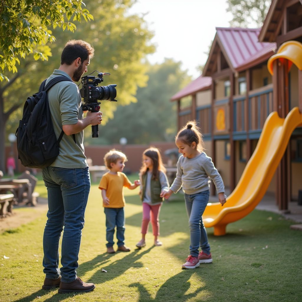 Photographer filming children playing near a yellow slide in a sunny playground