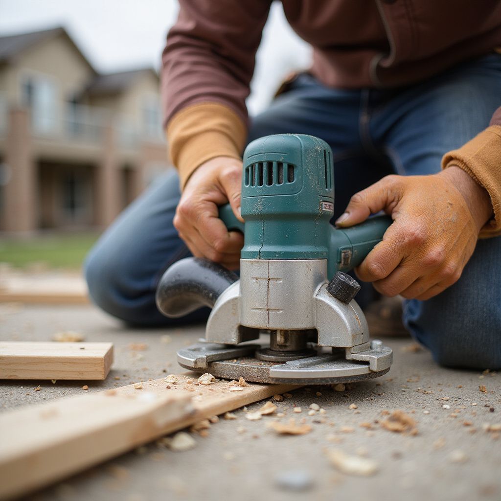 Person using a teal power sander on wood boards outdoors, with sawdust around the work area