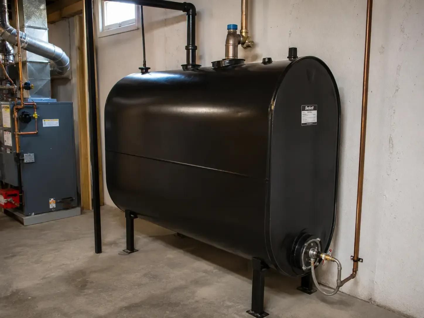 Aging residential heating oil tank showing exterior corrosion