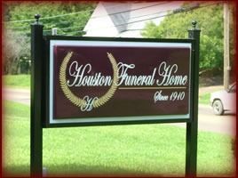 Sign for Houston Funeral Home, maroon and gold,