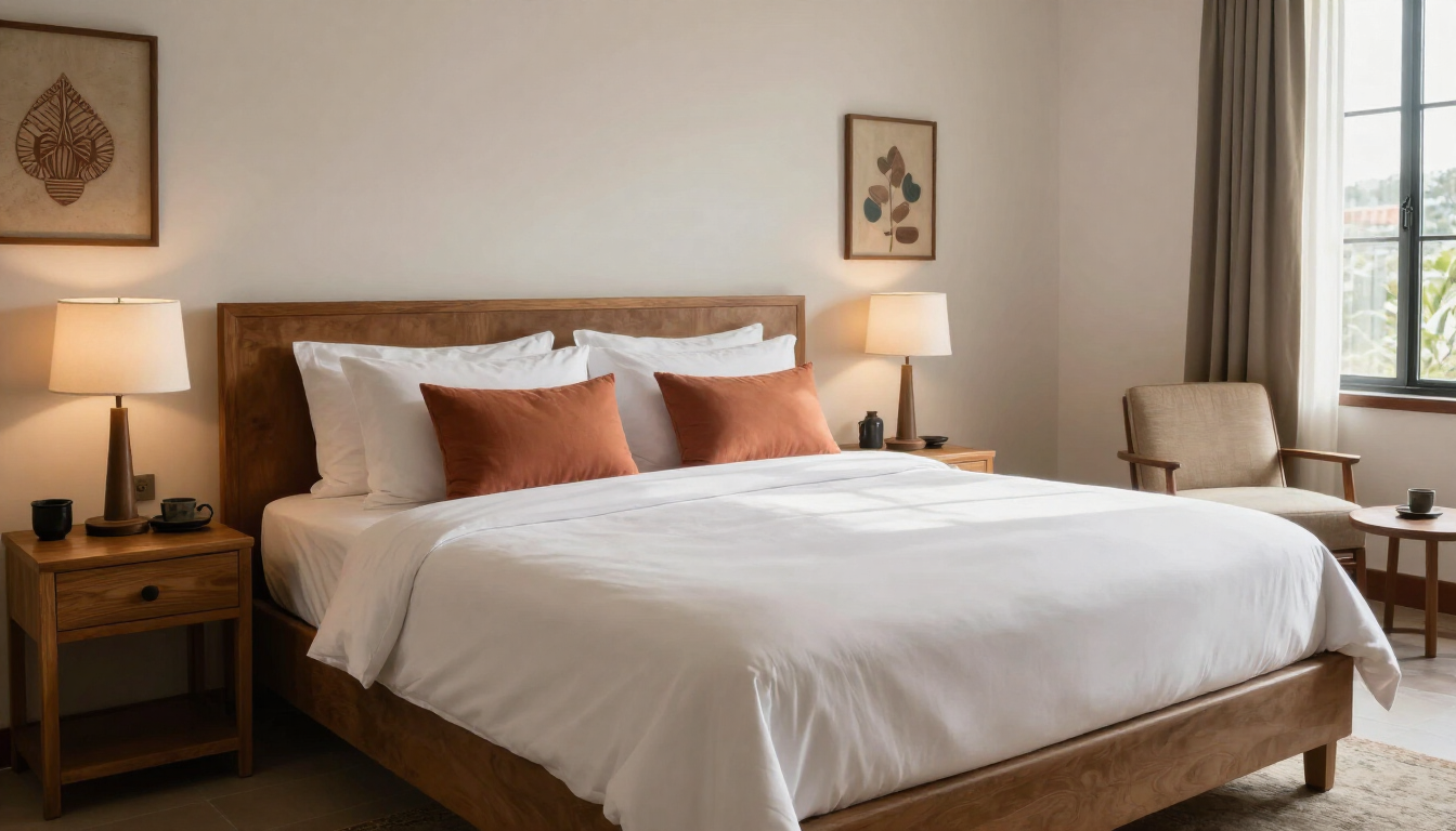 Dormitorio ordenado con cama de madera, ropa de cama blanca, cojines color óxido, lámparas y un asiento.