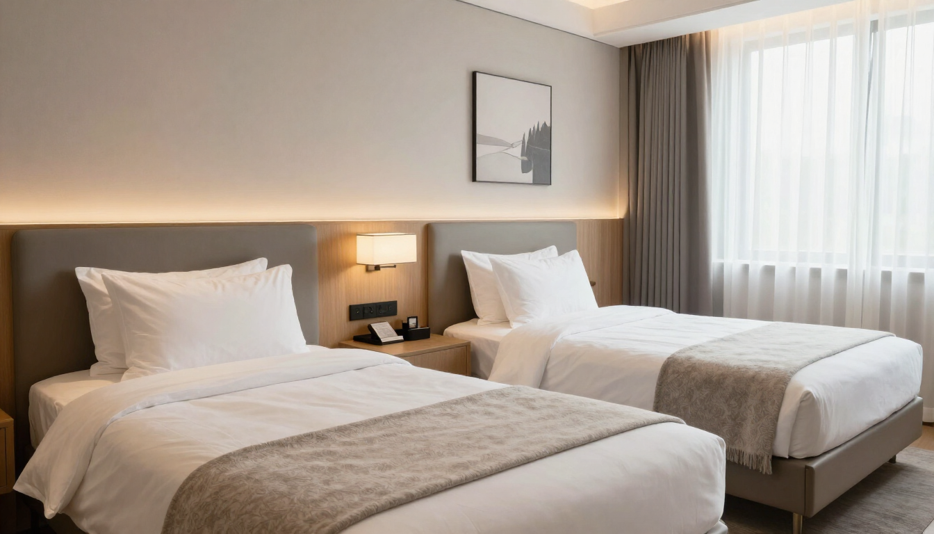 Dos camas individuales perfectamente hechas en una habitación de hotel luminosa, con ropa de cama beige