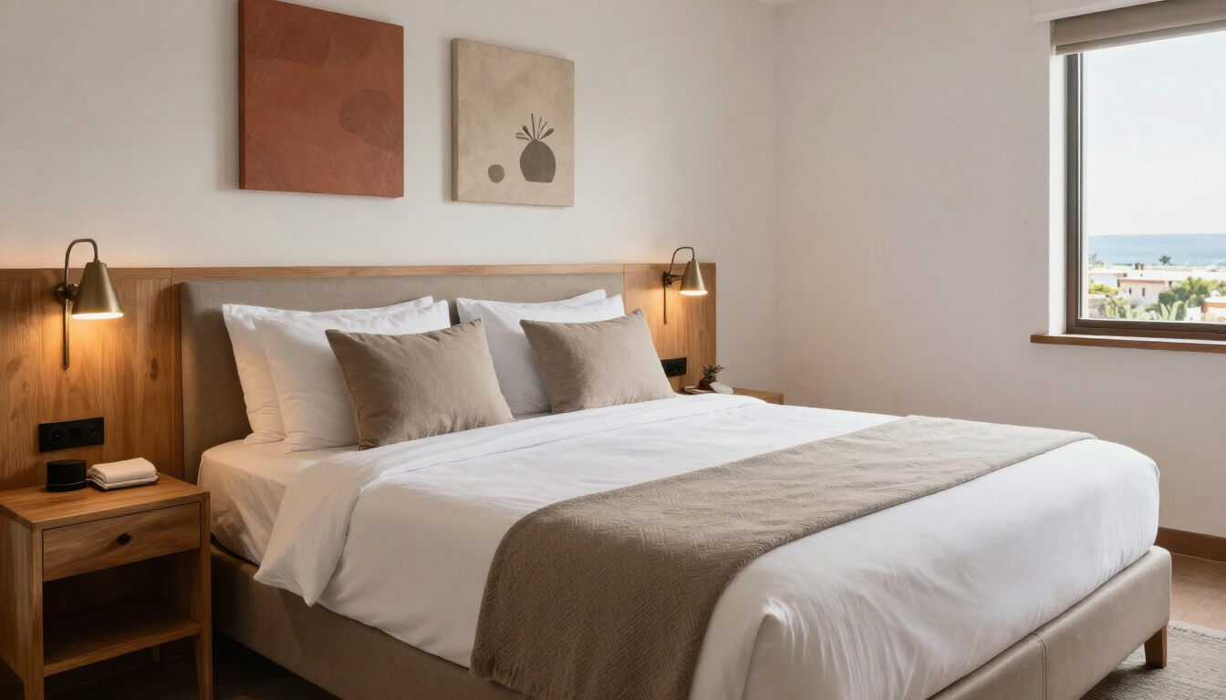 Acogedor dormitorio con la cama bien hecha, mesitas de noche de madera, cuadros en la pared y una ventana con vistas al mar