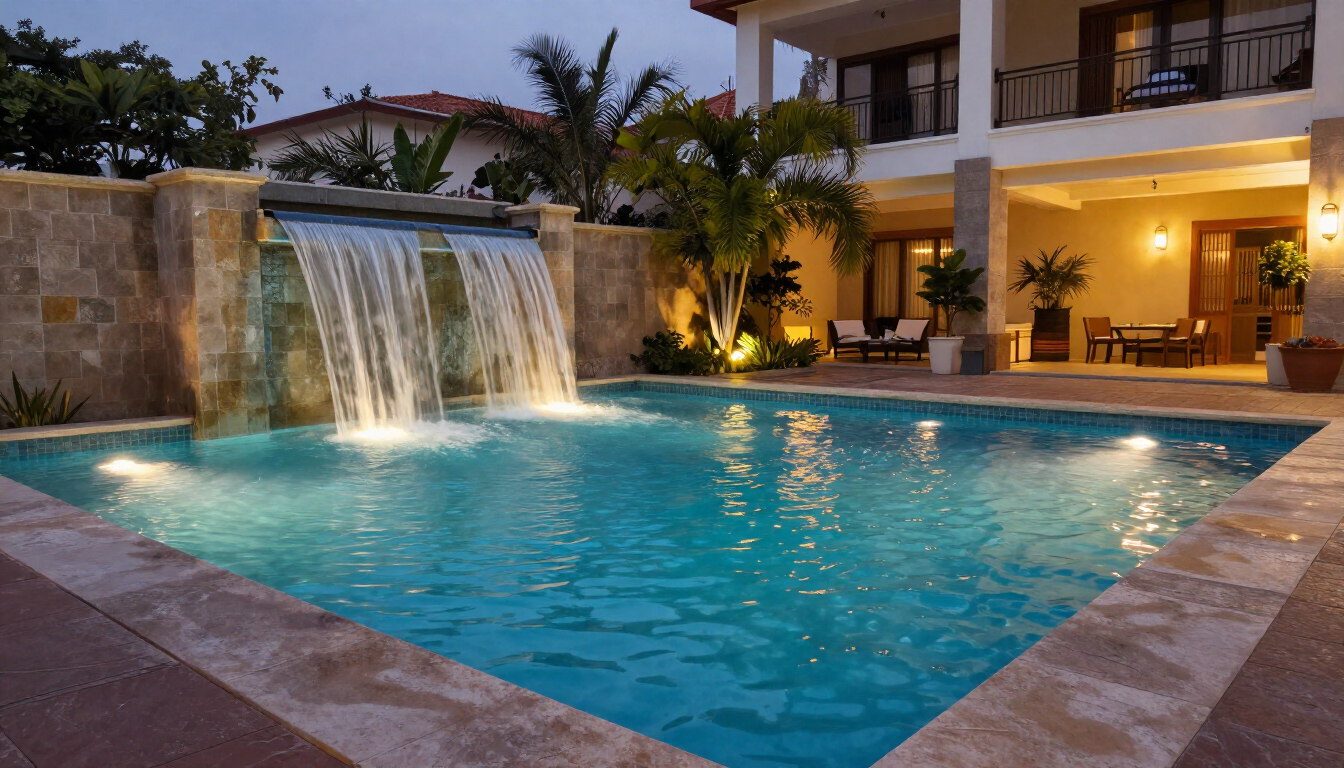 Piscina de lujo de un resort con cascada, agua azul resplandeciente y patio iluminado al anochecer