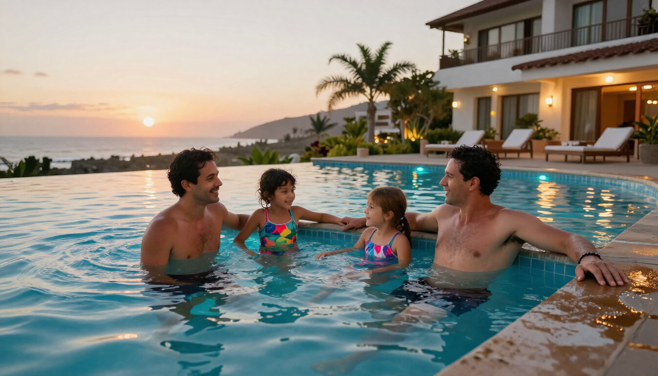 Una familia descansando en una piscina al atardecer, junto a una villa moderna de un resort y con vistas al mar