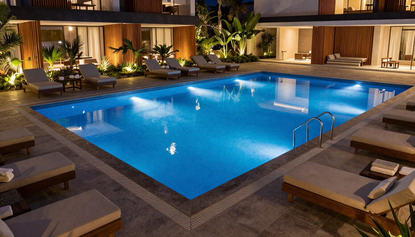 Piscina iluminada de un complejo turístico por la noche, con agua azul, tumbonas y palmeras alrededor de un patio moderno