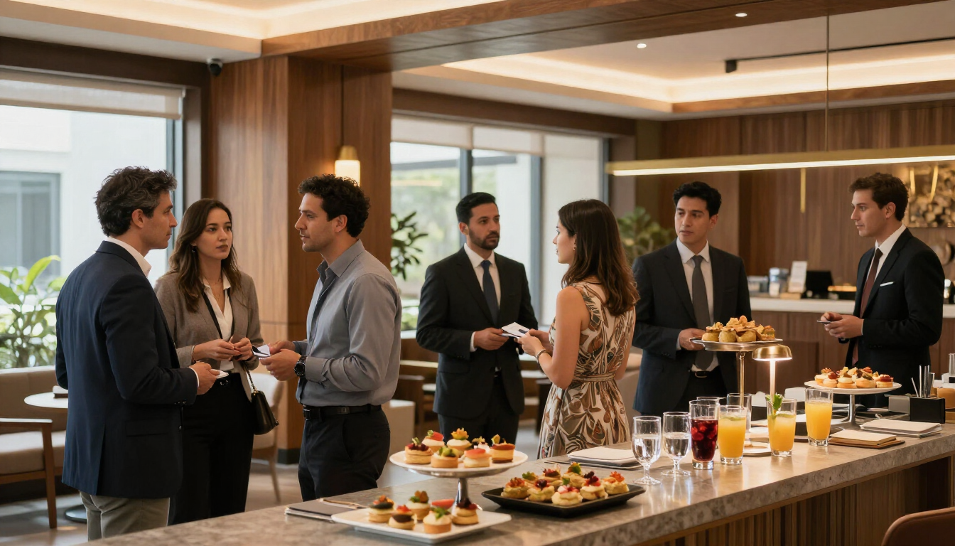 Personas conversando en un evento de oficina con servicio de catering, junto a una mesa de bufé con bebidas y aperitivos.