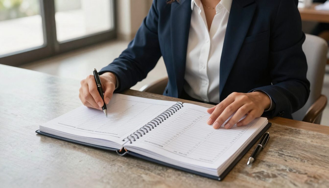 Una persona vestida de negocios escribe en un cuaderno abierto sobre una mesa de madera