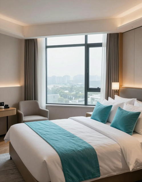 Dormitorio de hotel moderno con una cama grande, detalles en tonos turquesa y vistas a la ciudad a través de una ventana.