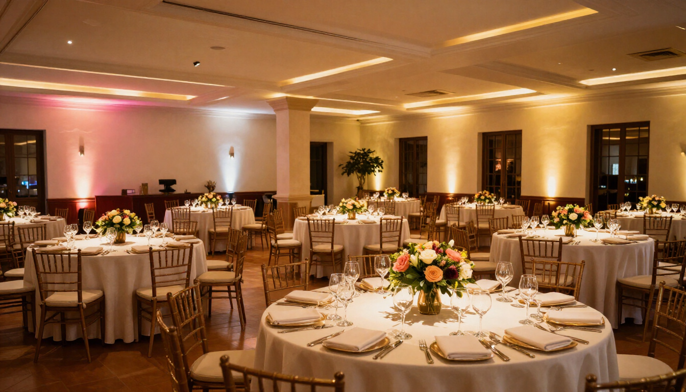 Elegante salón de banquetes con mesas redondas, manteles blancos, centros de mesa florales e iluminación