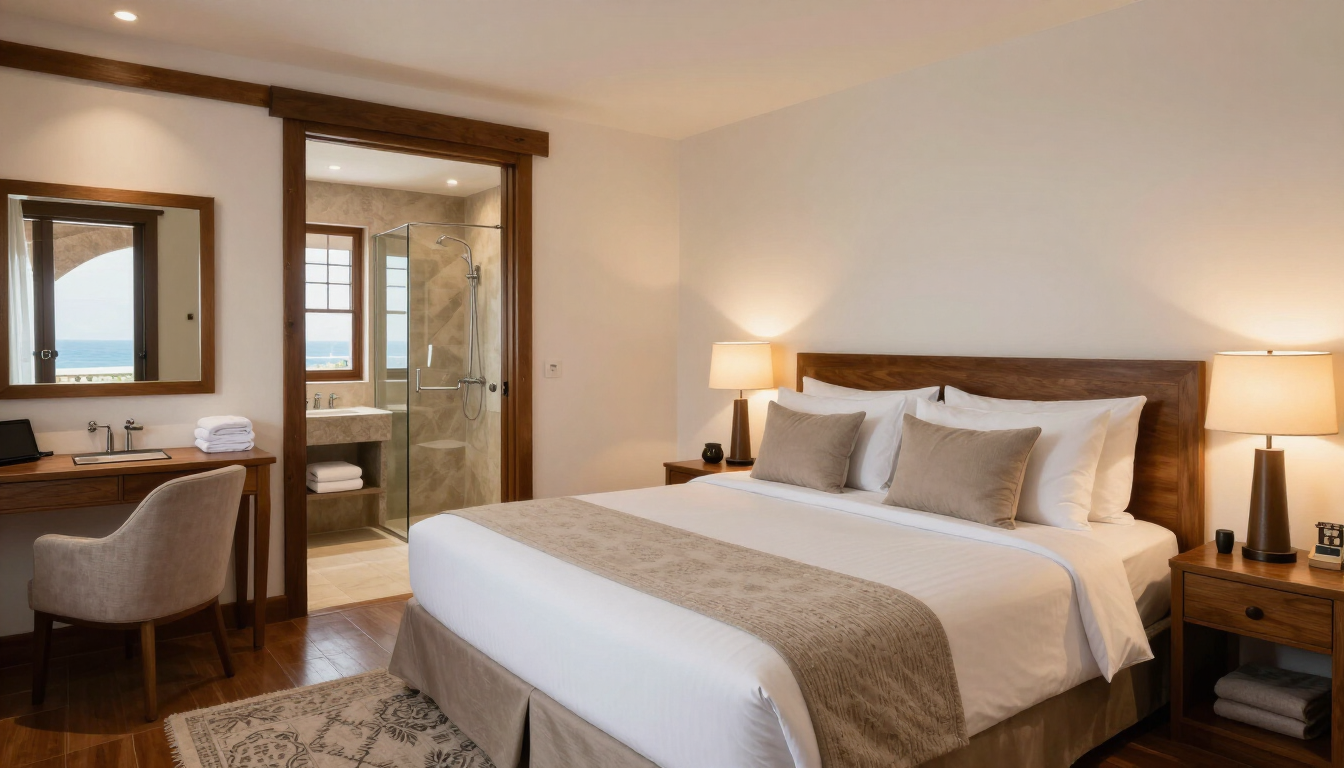 Habitación de hotel moderna con una cama king size, lámparas de noche, escritorio y baño privado