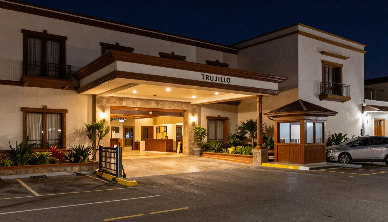 Entrada del hotel por la noche, con luces cálidas, un toldo y coches aparcados delante