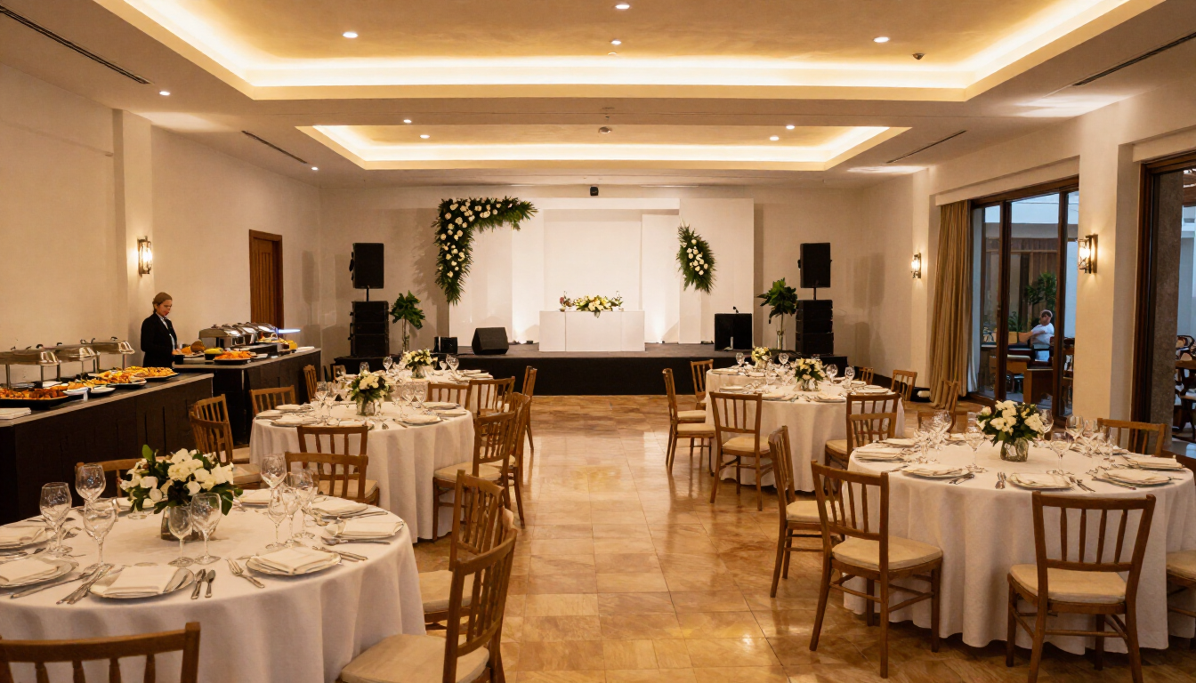 Elegante salón de banquetes con mesas redondas, manteles blancos y un escenario tenuemente iluminado al fondo