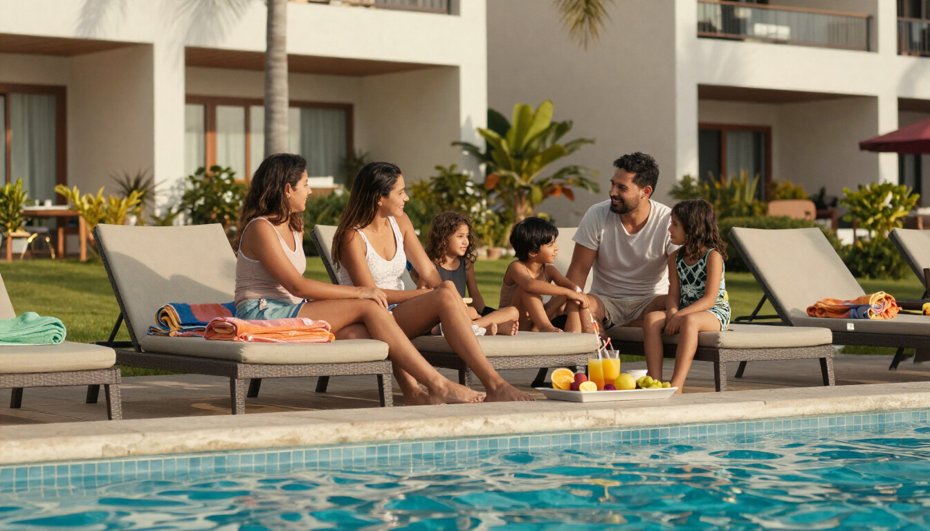 Una familia relajándose en tumbonas junto a la piscina de un resort, con bebidas y plantas tropicales cerca.