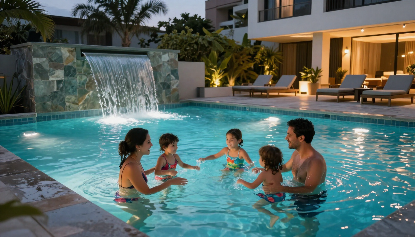 Personas relajándose en la piscina iluminada de un resort al anochecer, con una cascada y tumbonas cerca.