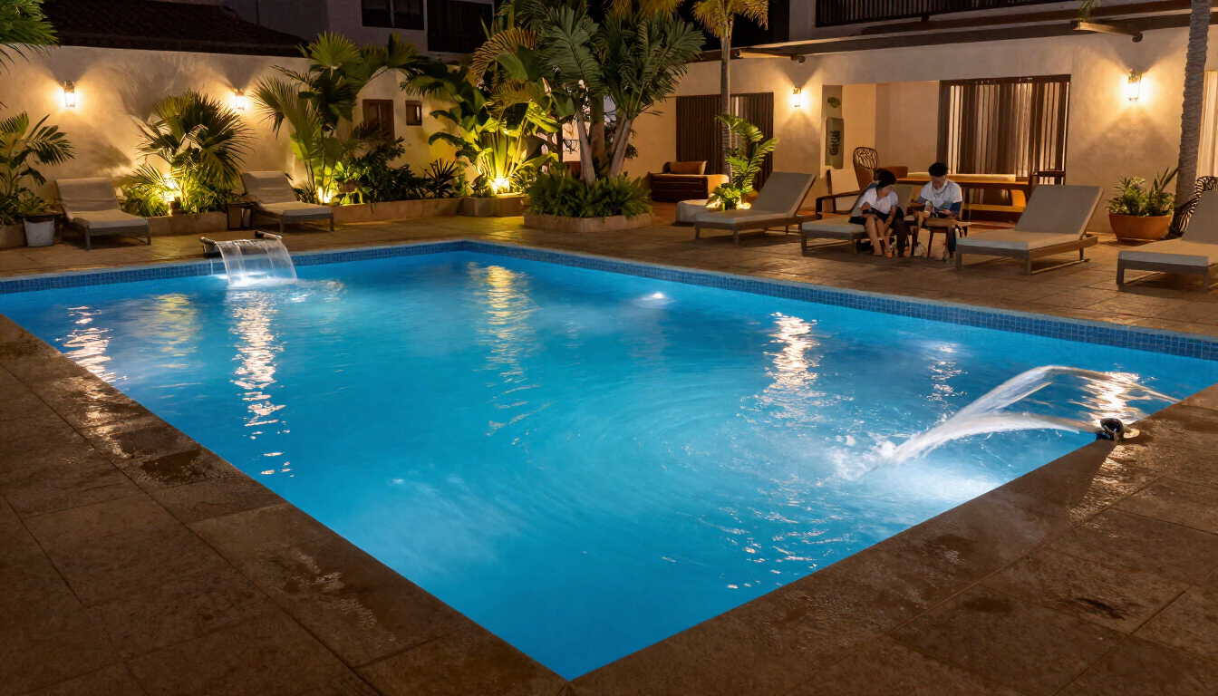 Piscina del jardín iluminada por la noche, con chorros de agua, zona de estar en el patio y cálidas luces de jardín
