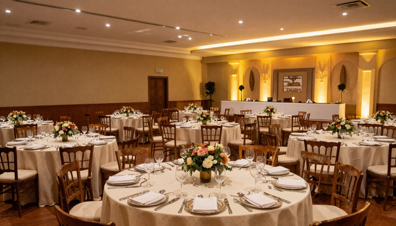 Elegante salón de banquetes con mesas redondas, manteles blancos y cálida iluminación ámbar