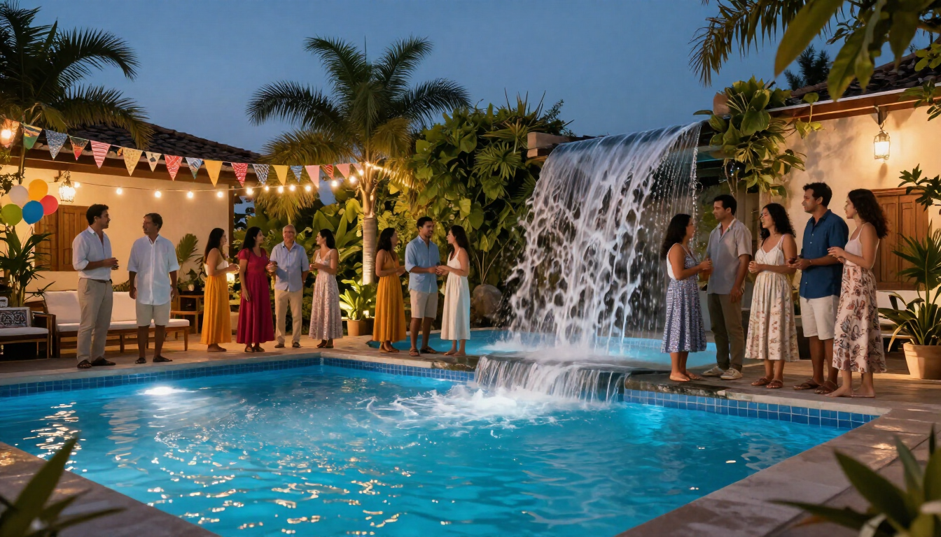 Fiesta nocturna junto a la piscina, con guirnaldas de luces, invitados charlando.
