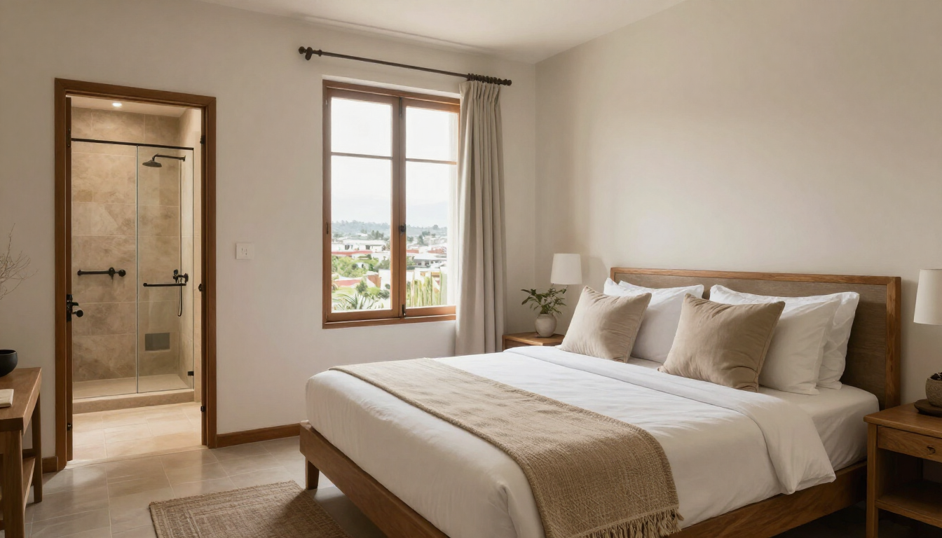 Dormitorio luminoso con una cama grande, una ventana y una puerta de madera que da al baño.