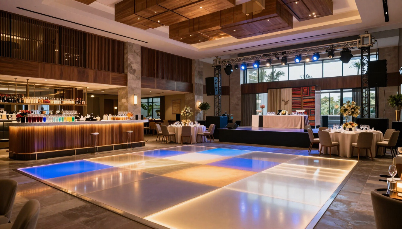 Vestíbulo moderno de hotel con una pista de baile iluminada, asientos de bar e iluminación ambiental cálida