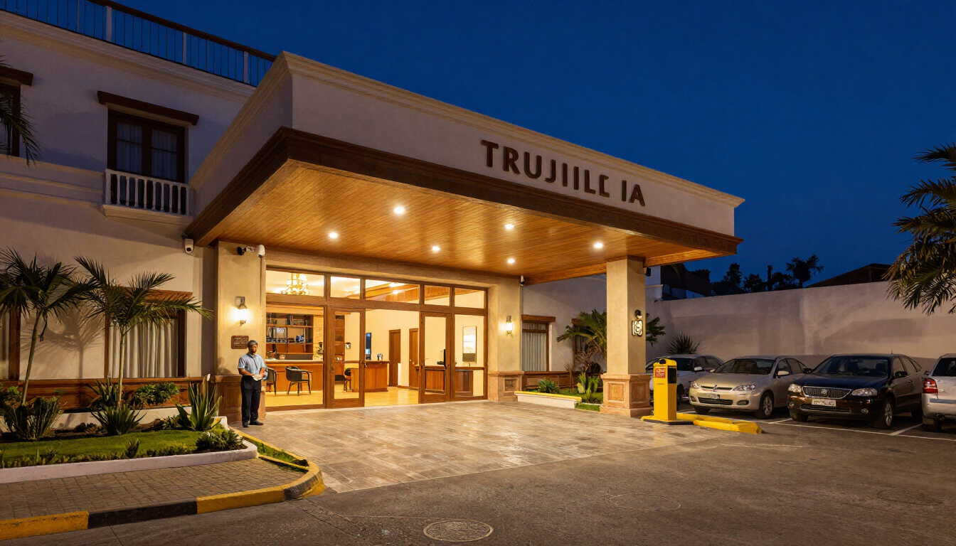 Entrada del hotel al atardecer, con luces cálidas, acceso cubierto para vehículos