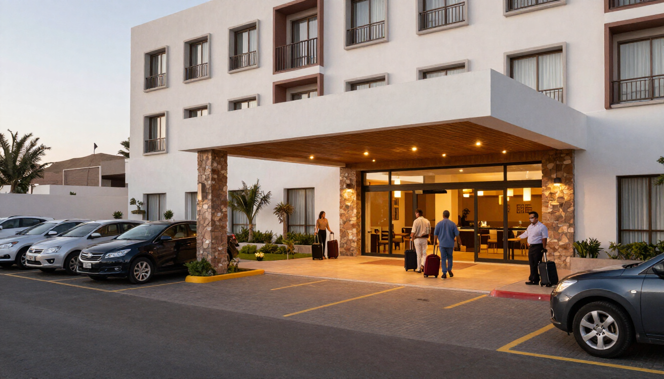 Personas de pie en la entrada de un hotel al anochecer, con coches aparcados y las cálidas luces del vestíbulo encendidas.