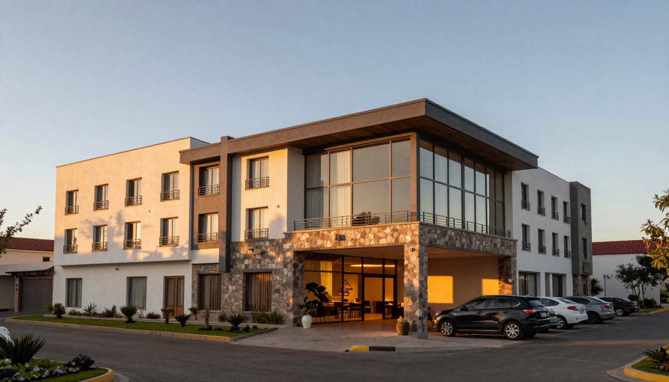 Moderno edificio de hotel al anochecer, con luces cálidas en el vestíbulo y coches aparcados en el exterior